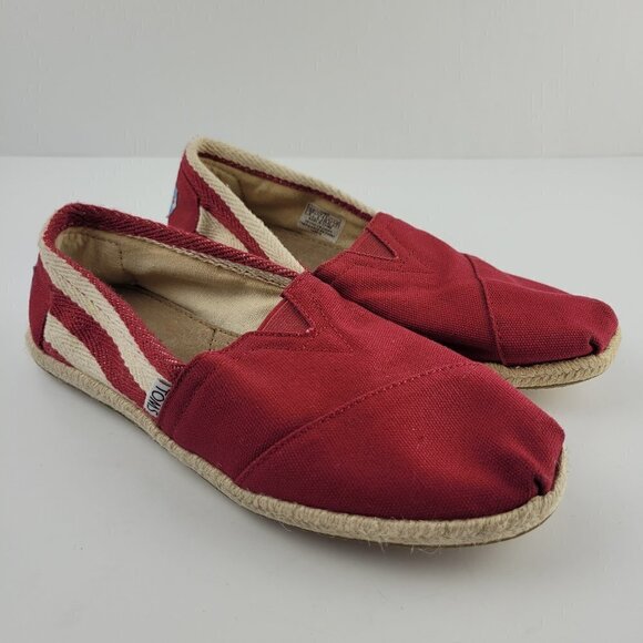 Toms Classic University Red Stripe Canvas Espadrille Slip On Flats 6 - Picture 1 of 9